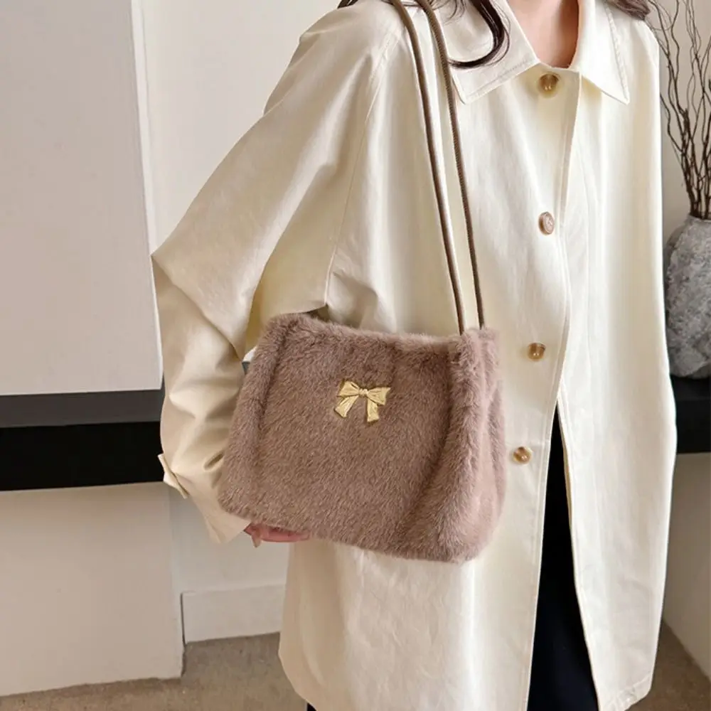 Cream Color Plush Bow Shoulder Bag Large Capacity Korean Style Vacation Tote Bag Solid Color Office Worker Tote Shoulder Bag