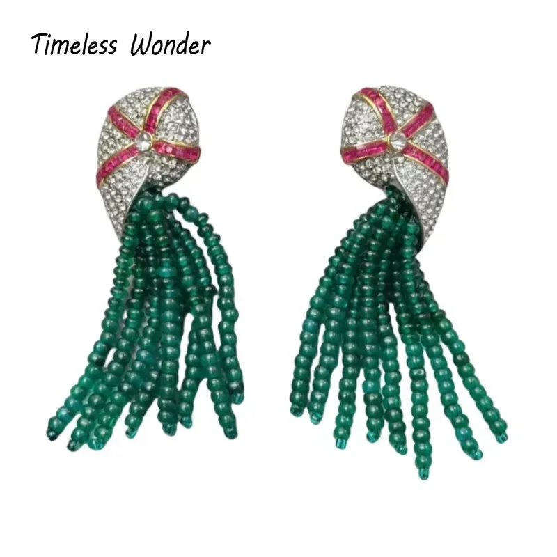 Timeless Wonder Fancy Zircon Geo Stone Beaded Tassel Stud Earrings for Women Designer Jewelry Runway Rare Cute Gift Sweet 5152