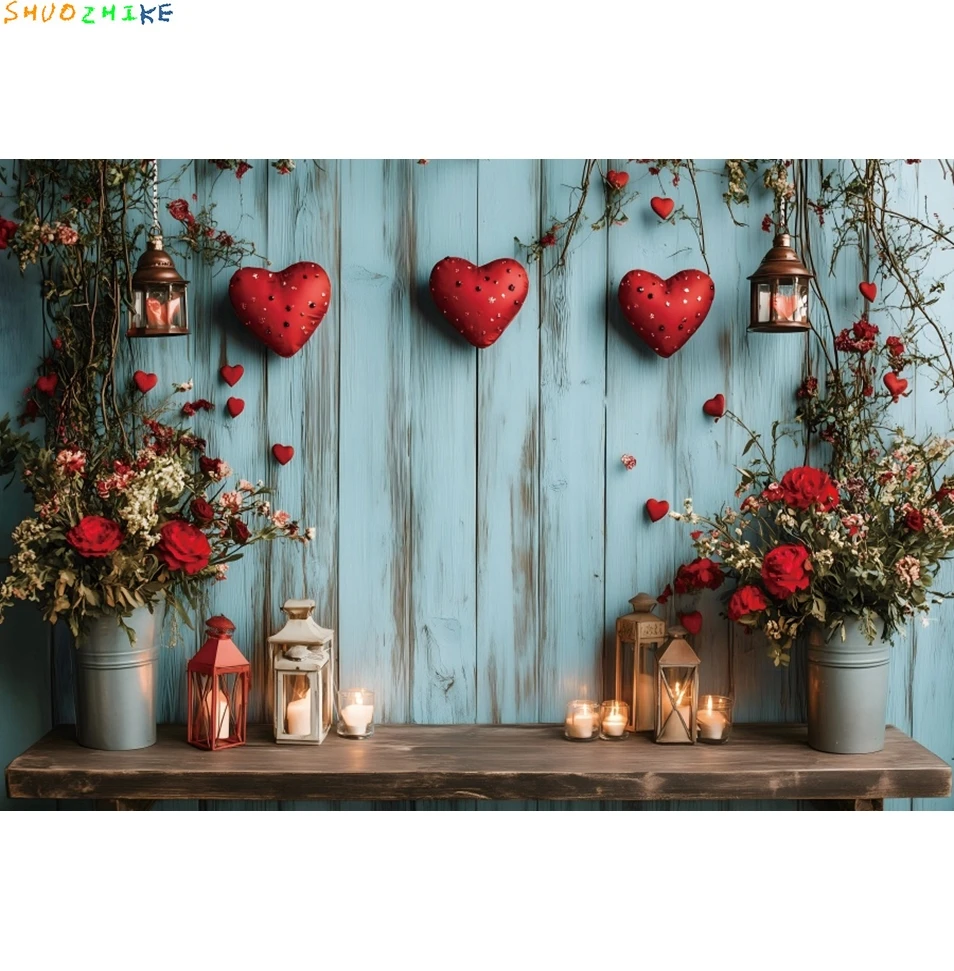 14 فبراير عيد الحب خلفية مشاهد رومانسية الأحمر الحب القلب الأزرق الخشب جدار الأزهار الزفاف التصوير خلفية الدعامة #6