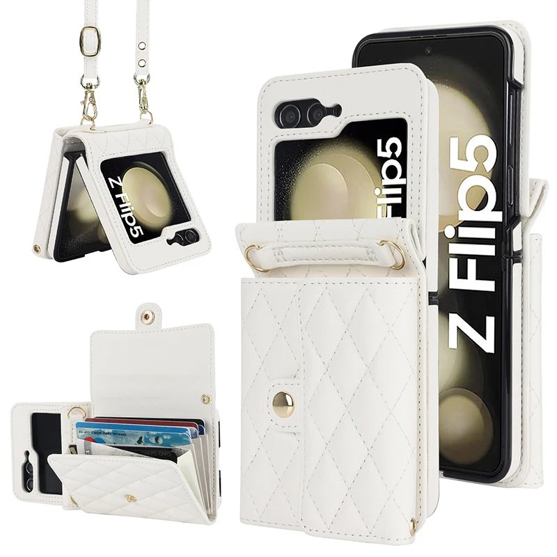 Z Flip 5 Case For Samsung Galaxy Z Flip5 Z Flip4 Z Flip3 Rhombus Oblique Span Card PU Leather Mobile Phone Case Cover