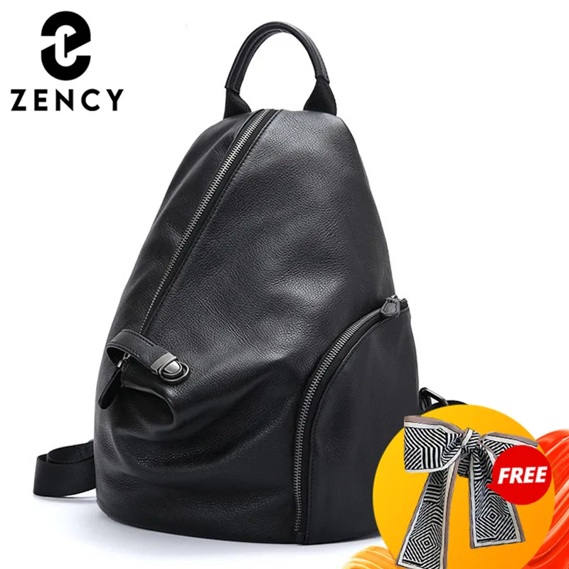 Zency Women\'s 100% Leather Backpack for Summer Classic Black Student\'s Schoolbag Lady Knapsack High Quality Zipper Buckle