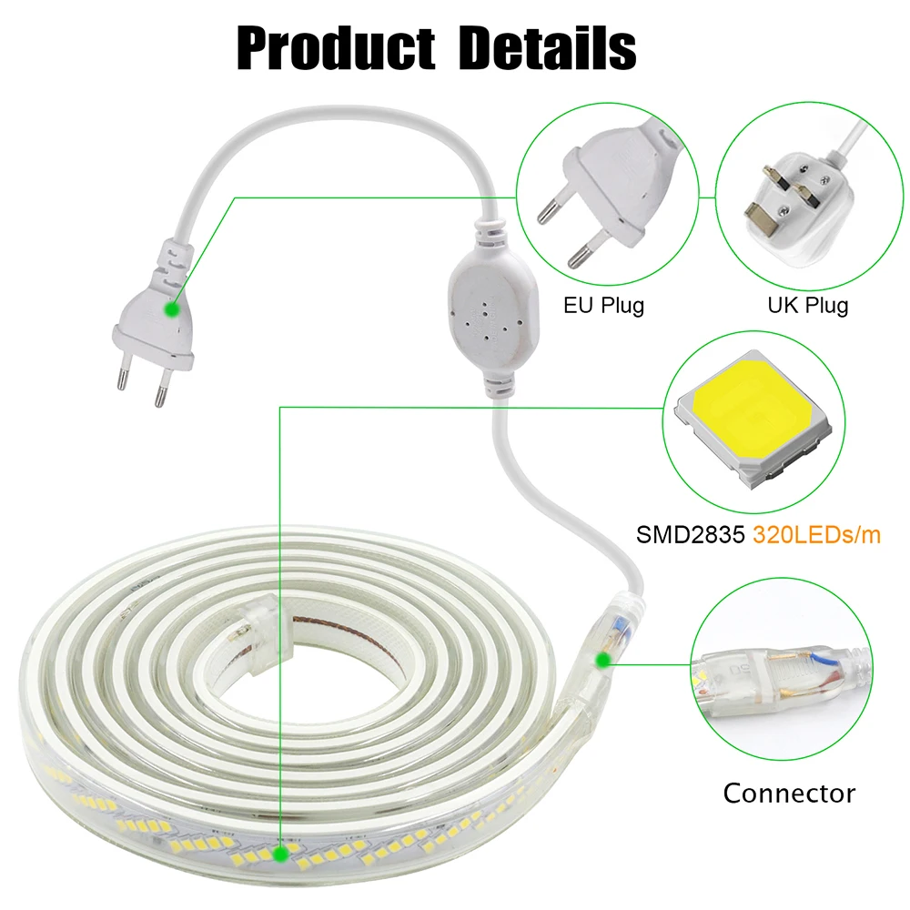 Imagem -02 - Led Strip Light com Oblíquo Super Bright Luzes de Corda Decoração ao ar Livre Ip67 Impermeável 320 Leds por m Smd 2835 Linhas ac 220v 230v 240v