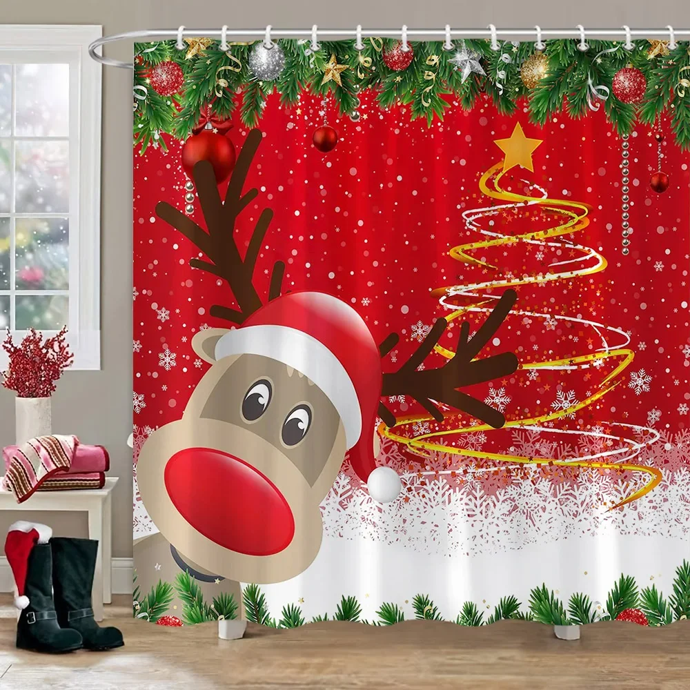 Merry Christmas Shower Curtain Winter Red Truck Snowman Reindeer Snow Farmhouse Shower Curtain Washable Polyester Bathroom Decor