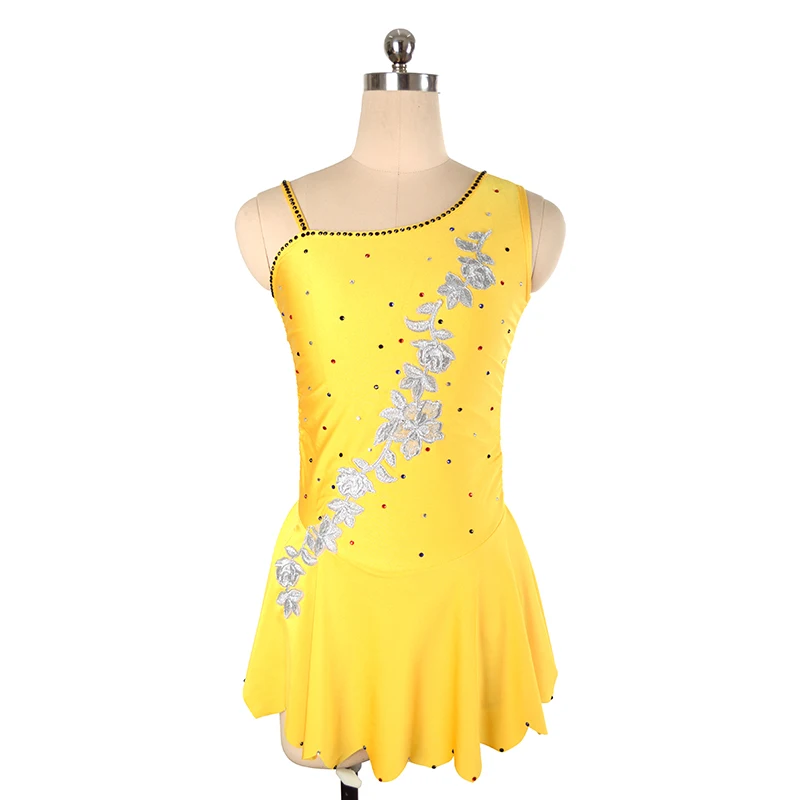 Women's Children's Rhythmic Gymnastics Yellow Silver Flower Performance Dress Figure Skating Dress Customized Competition