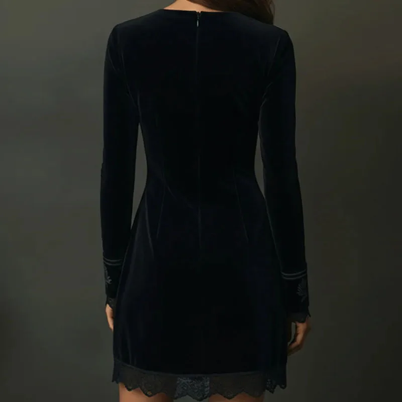 섹시한 딥 브이넥 홀로우 슬림 미니 드레스 여성 플로럴 프린트 패치워크 레이스 파티 드레스 가을 신상 긴팔 백 지퍼 보헤미안 드레스