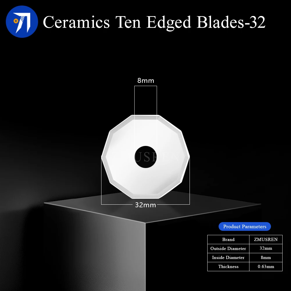 10PCS 10-Sided Decagonal Ceramic Blade 8*0.63mm Zirconia Round Cutter CNC Rotary Cutting Machine Blade for Fur Faux Fur Leather