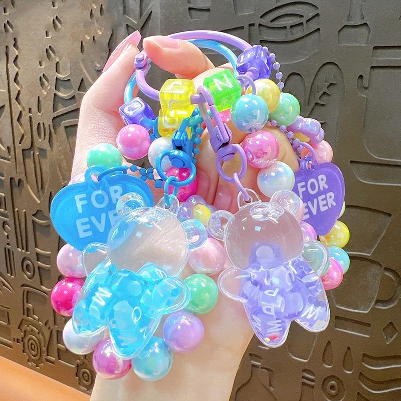 Cute Colorful Beaded Bracelet Forever Love Heart Charm Oil Bear Liquid Keychain Floating Letter Square Quicksand Bottle Keyring