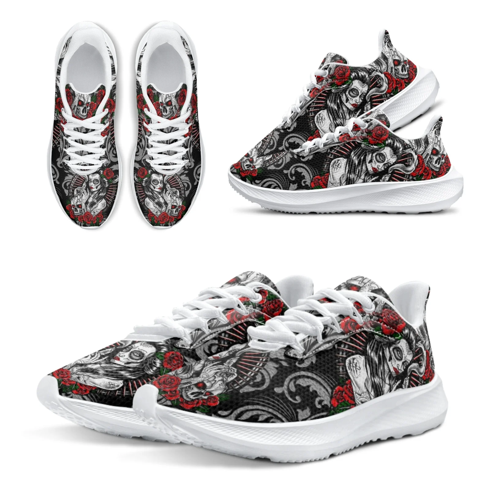 INSTANTARTS Gothic Skull Running Shoes Sugar Skull Girl Designer Girls Sneakers Mexican Day Of The Dead Skull Walking Shoes Flat