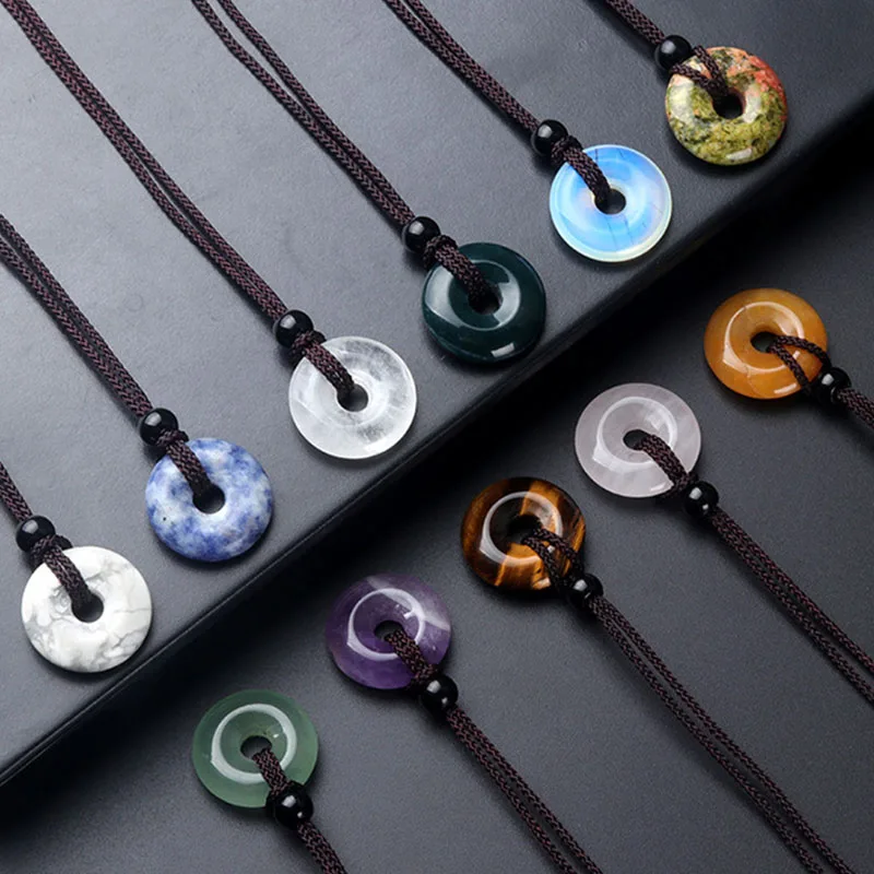20mm Circle Donut Healing Crystals Stone Pendant Necklace Amulet Lucky Charm Adjustable Braided Rope Necklaces for Men Women