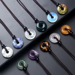 20mm Circle Donut Healing Crystals Stone Pendant Necklace Amulet Lucky Charm Adjustable Braided Rope Necklaces for Men Women