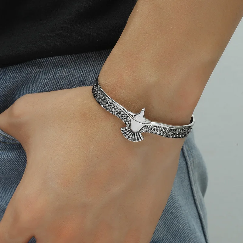 Buyee 925 Sterling Silber Männlicher Großer Armreif Kreis Niedlicher Adler Offener Armreif für Frau Mode Rock Punk Edlen Schmuck Armreifen – Detail 4