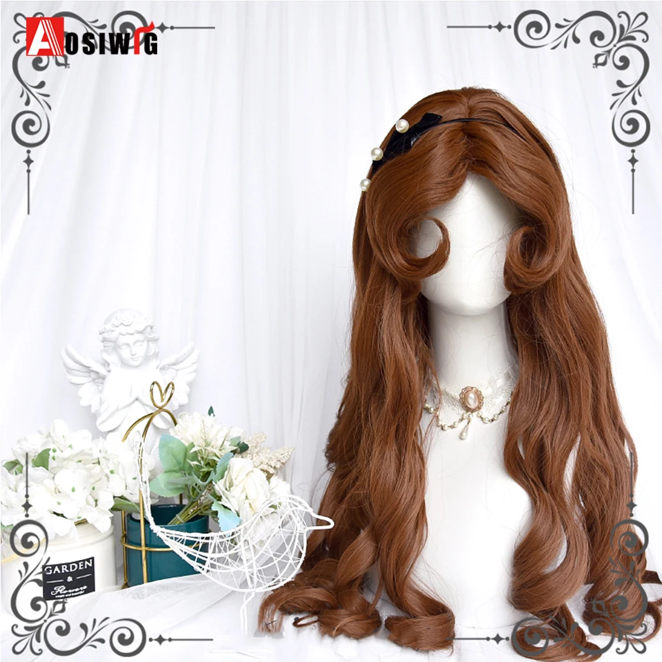 AOSIWIG Synthetic Long Wavy Cosplay Wig With Bang Blonde Cute Lolita Wig Women Halloween Cosplay Wig