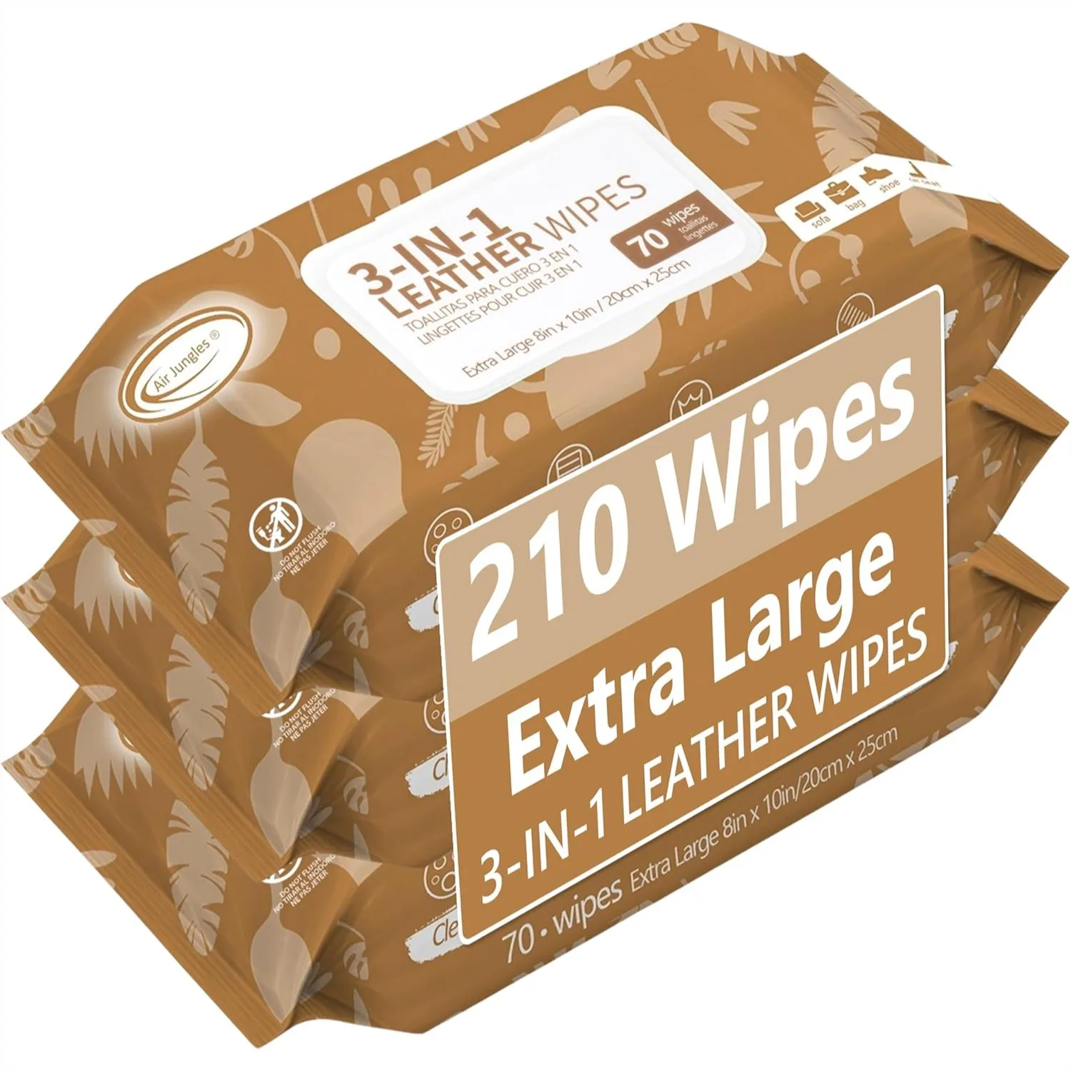 

3in1 Leather Cleaner Wipes 70 Count (Pack of 3), Extra Large 8x10 in, Clean Condition Protect for Vinyl and Leather Furniture