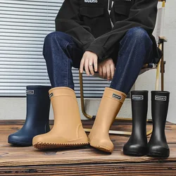 Fashion Men's Rain Boots Rubber Gumboots 2024 Slip on Mid-calf Waterproof Working Boots Comfort Non-slip Fishing Shoes for Men