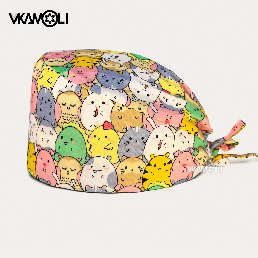 

Cute cartoon animal printing surgical cap laboratory work cap Female nurse male doctor care cap 100% cotton medical scrub hat