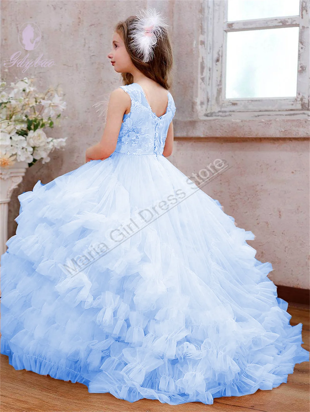 Rose Red Multicolor Embroidered Elegant Girl First Communion Fluffy Feather Wedding kids Birthday Customizable Party Dress
