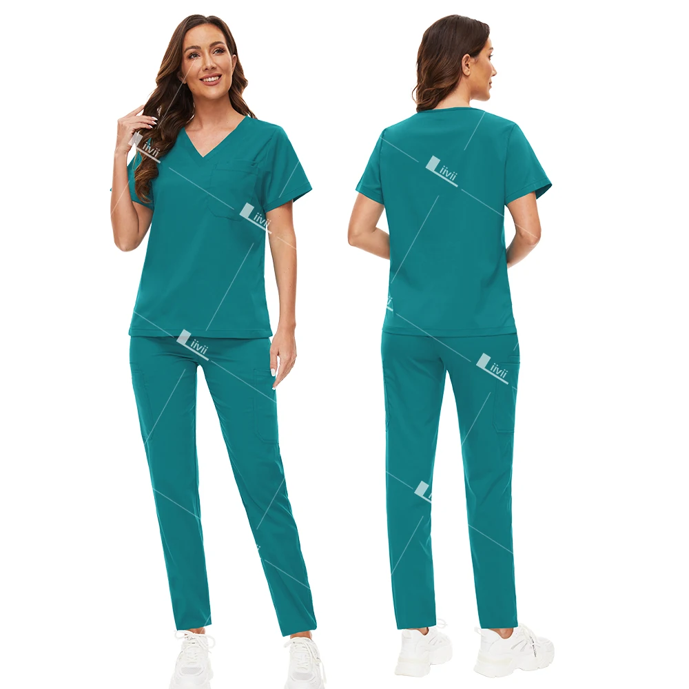 New Scrubs Set Medical Doctor Uniforms Stretch Scrub Top With Pocket Straight Pants Nurse Uniforms Beauty Salon Lab Workwear