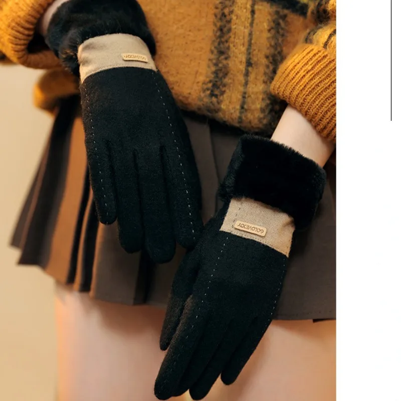 1pair Women Winter Thick Plush Leather Gloves Warm Gloves Outdoor Riding P Velvet Full Finger Leather Wool Embroidery Gloves