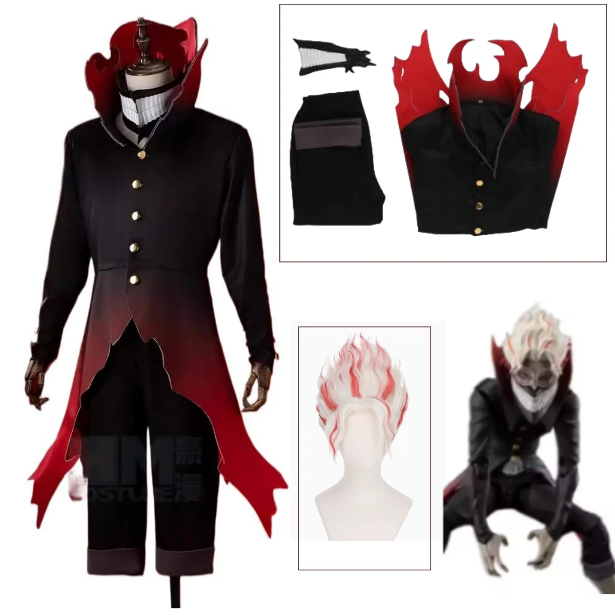 Customized Dandadan Okarun Ken Takakura Cosplay Costume Wig Mask Red Collar Uniform Curly Short Hair Halloween Suit