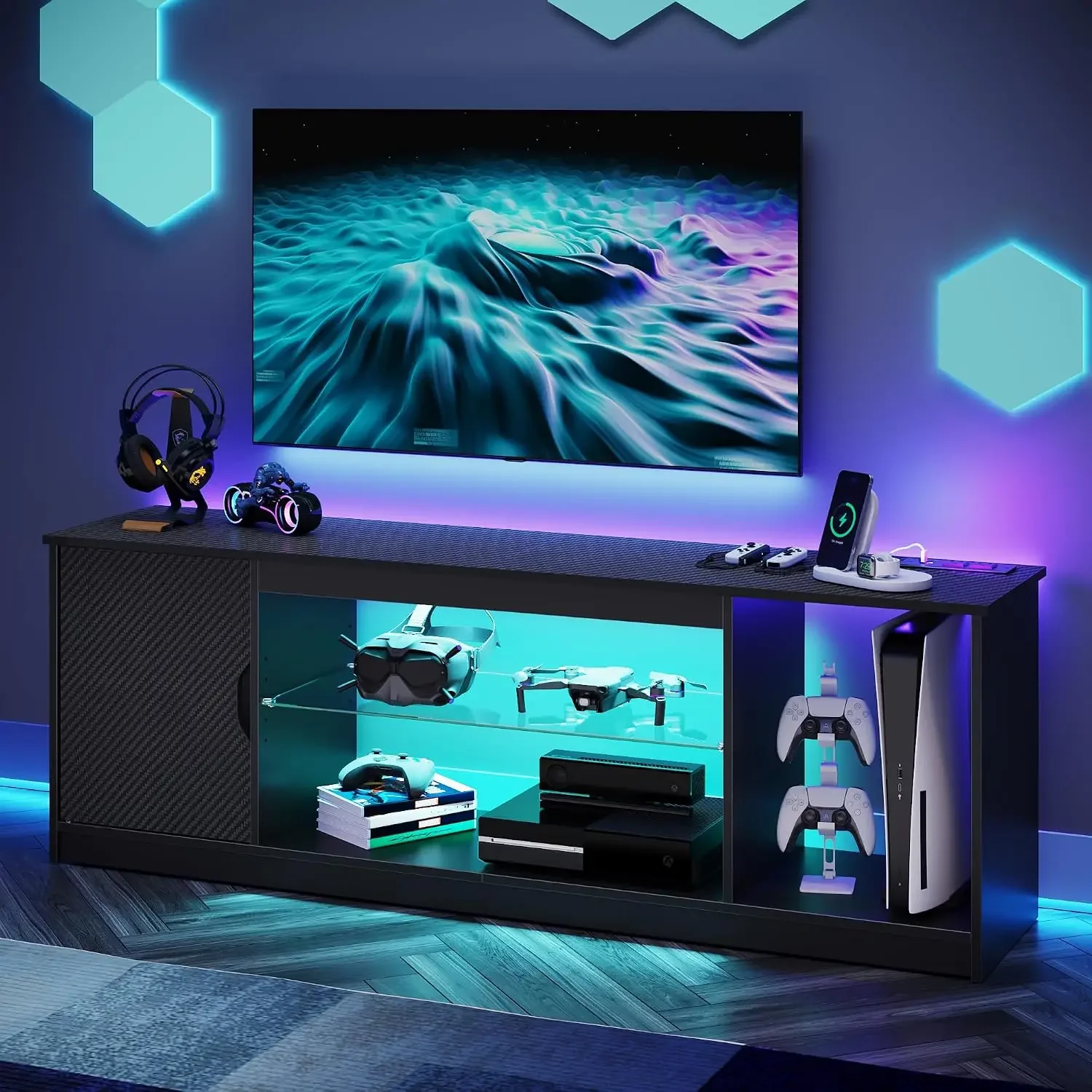 TV Stand with Power Outlets for Bedroom, Gaming TV Stand for 65inch TV, Black Entertainment Center for PS5, TV Console
