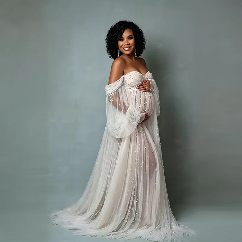 Pregnant Woman's Sequined Mesh Strapless One-shoulder Maternity Dress for Photography Floor-length Pregnancy Dresses