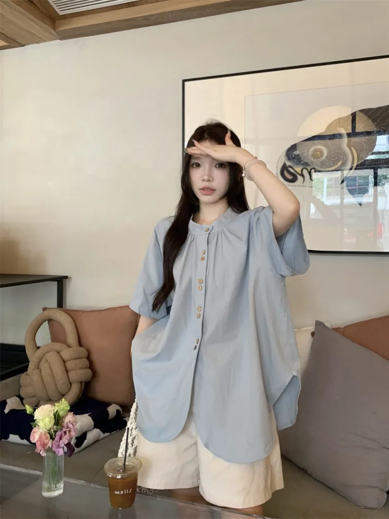 

Женская летняя рубашка в японском ретро-стиле с плиссированным круглым вырезом, синяя, с коротким рукавом, свободного кроя, средней длины, с разрезом