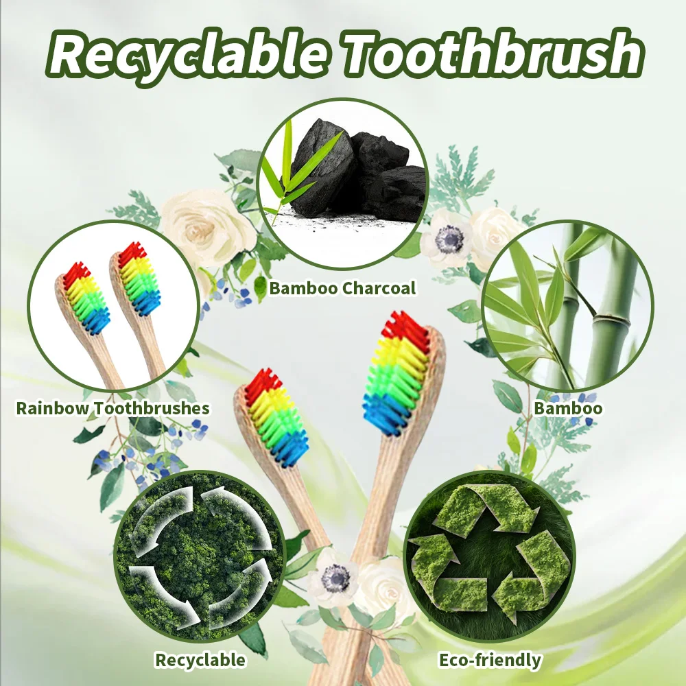 10 Pack Rainbow Bamboo Toothbrushes Biodegradable & Compostable Eco-Friendly Natural Bamboo Charcoal Toothbrushes