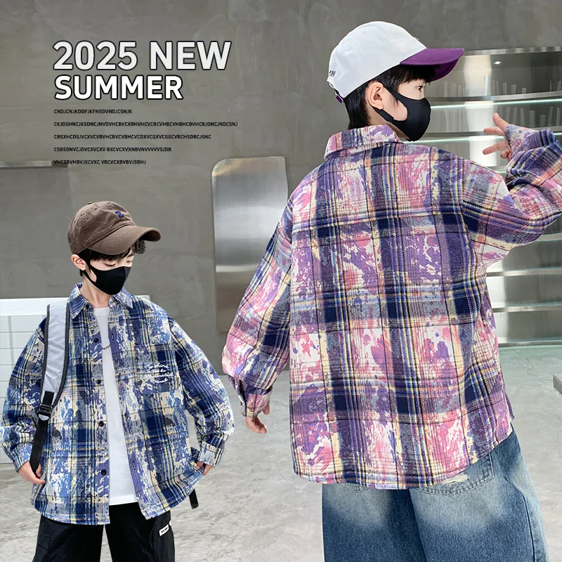 

High Fashion Children Tie Dye Plaid Shirt Stylish Clothing for Boys Long Sleeve School Blouses New Kids Designer Tops Outfit
