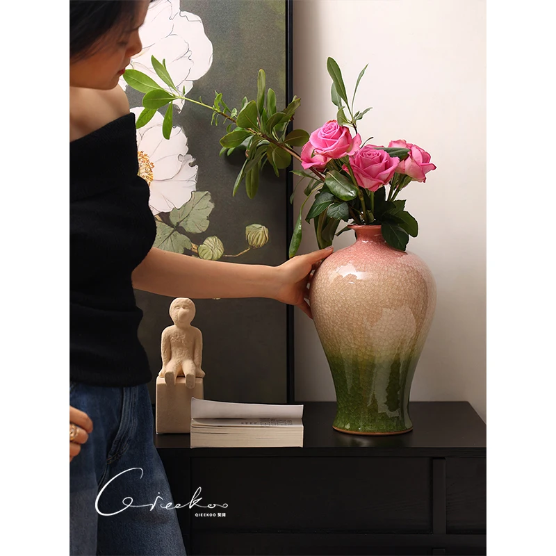 

New Chinese flower arrangement living room entrance ice crack antique ceramic vase flower ware decorative desktop ornament