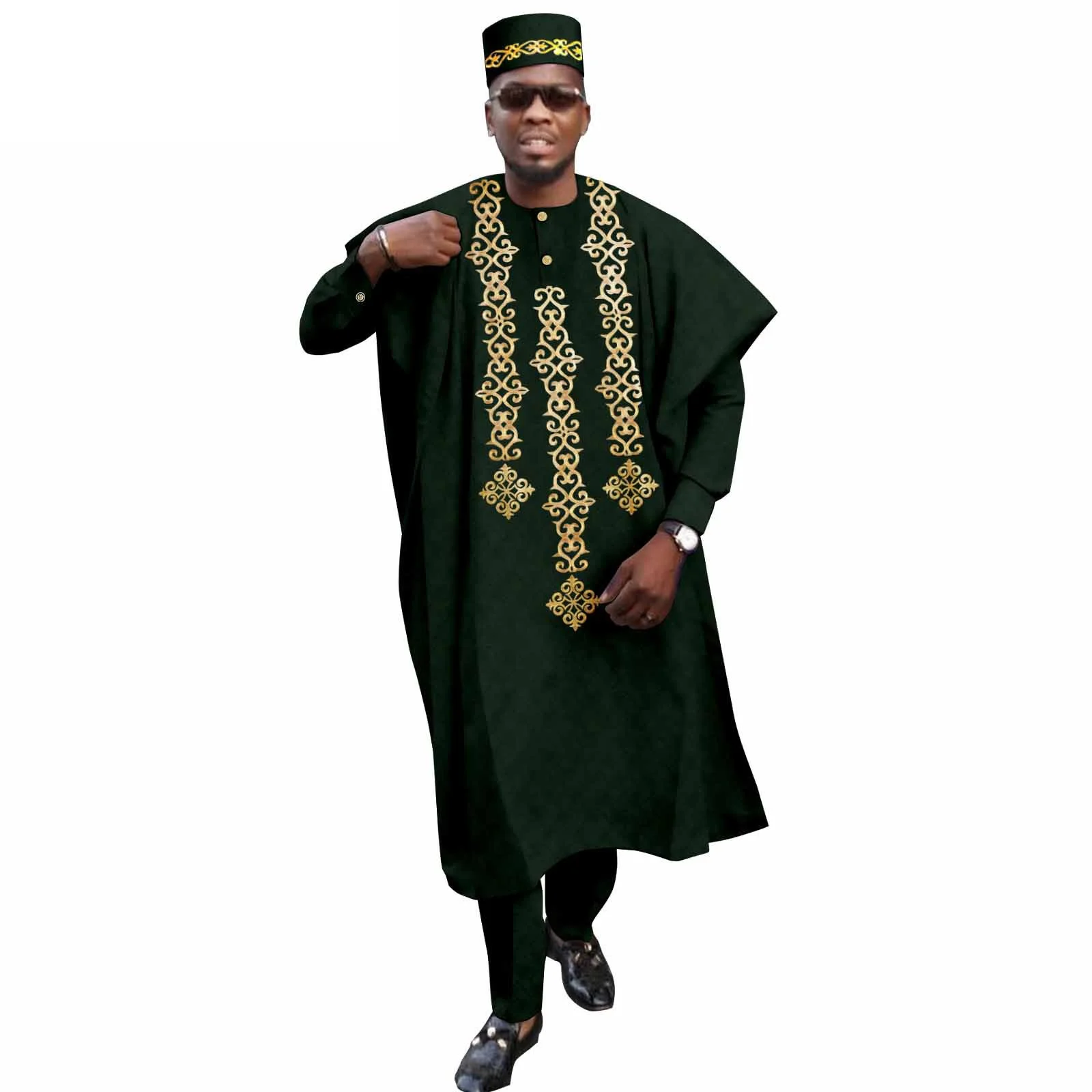African Clothes for Men Tradition Wedding Party Clothing Bazin Robe Embroidery Ankara Pants Hats 4 Pcs Set Dashiki Nigeria