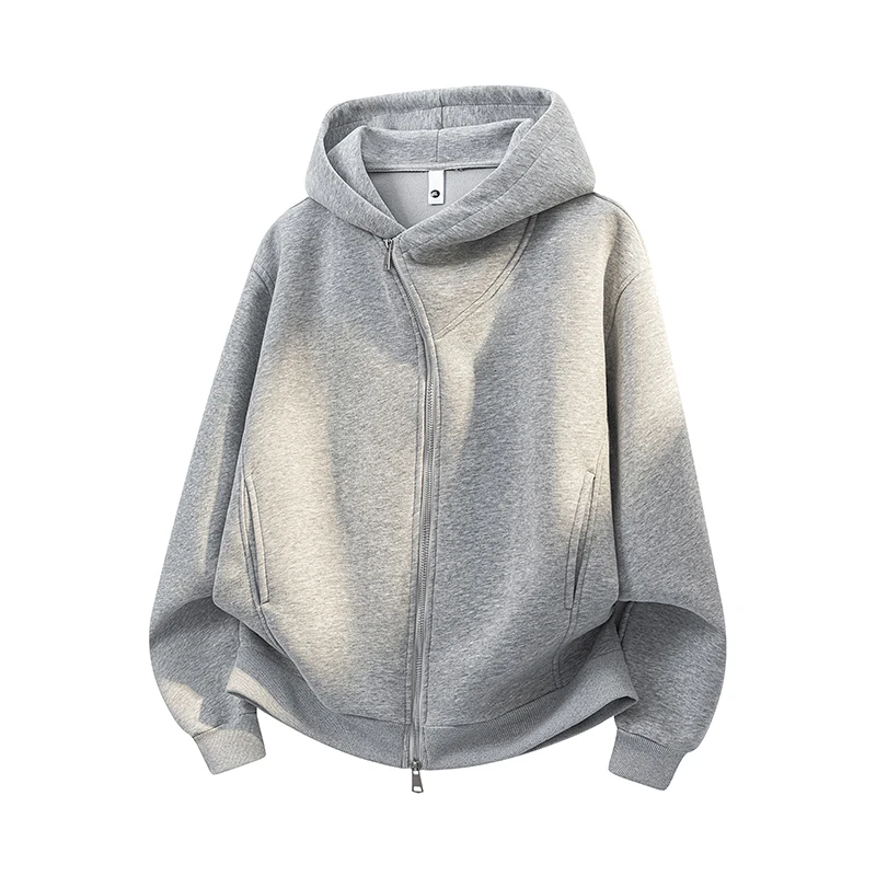 Men's Relaxed Fit Hooded Jacket with Diagonal Zipper Asymmetrical Zipper Hooded Jacket Streetwear-Style Hooded Casual Jacket