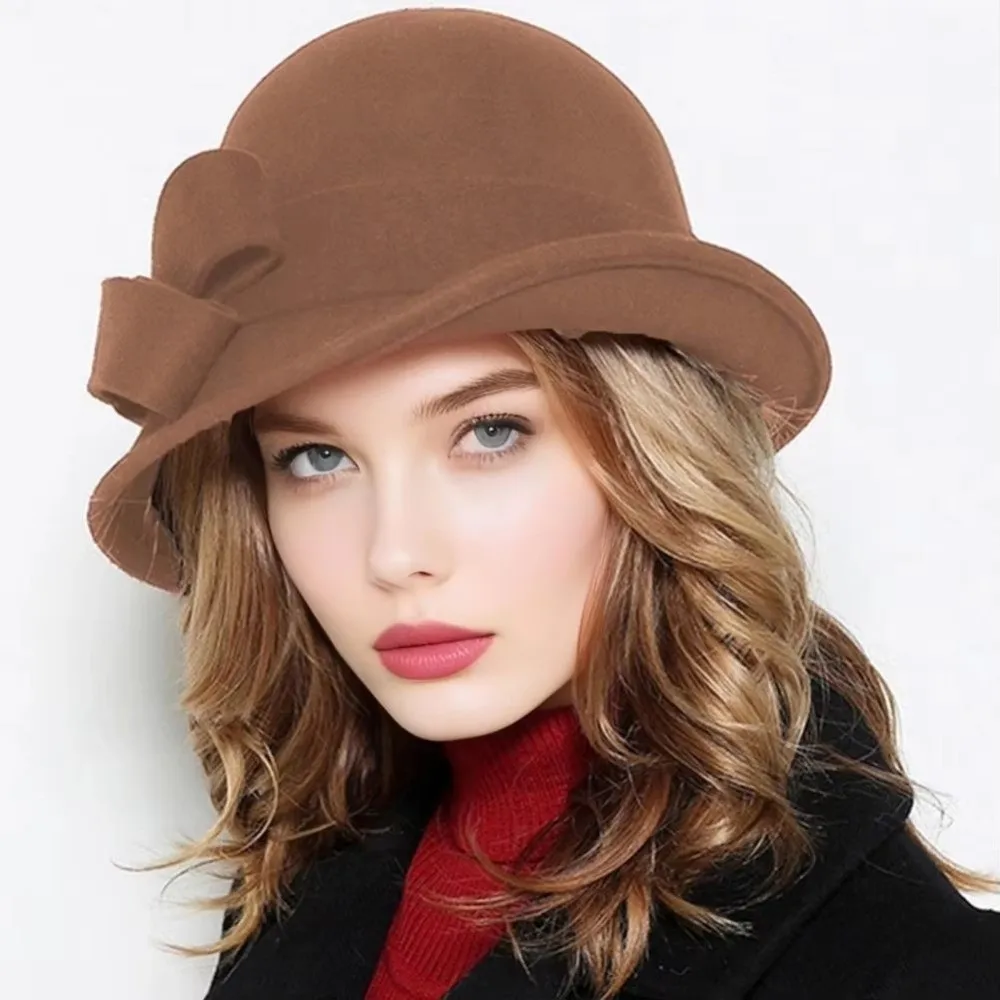 

Jazz Cap Felt Wool Bucket Hat Bow French Style Panama Hat Cloche Fedora Cap Flat-top Black Topper Hat Winter