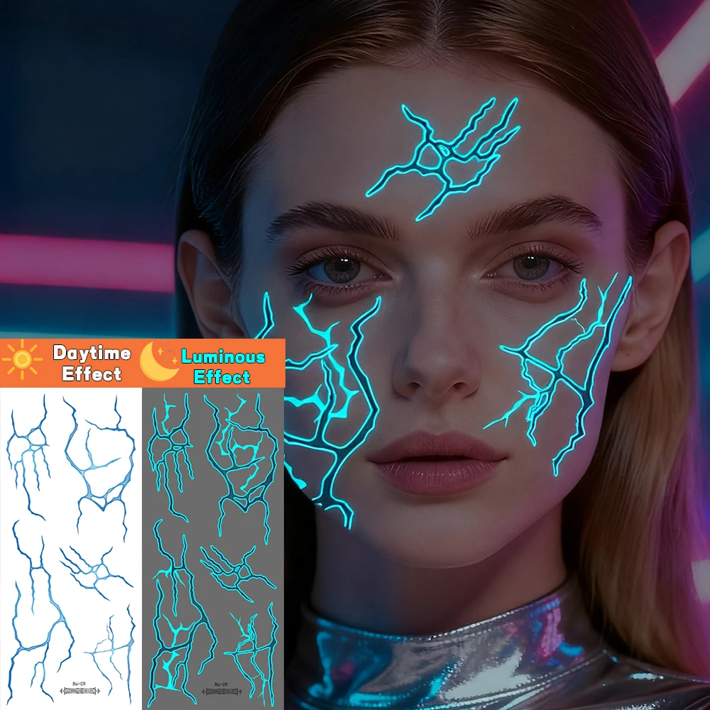 

1 шт., светящиеся в темноте временные татуировки, водонепроницаемые - Kpop, готический боди-арт для женщин, синие, фиолетовые татуировки с дизайном молнии и вены