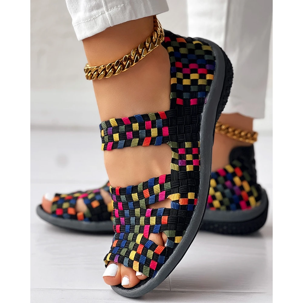 Fashion Women Colorblock Hollow Out Sandals Slip-on Summer Casual Peep Toe Flats Korean Style Going Out Knitted Soft Shoes