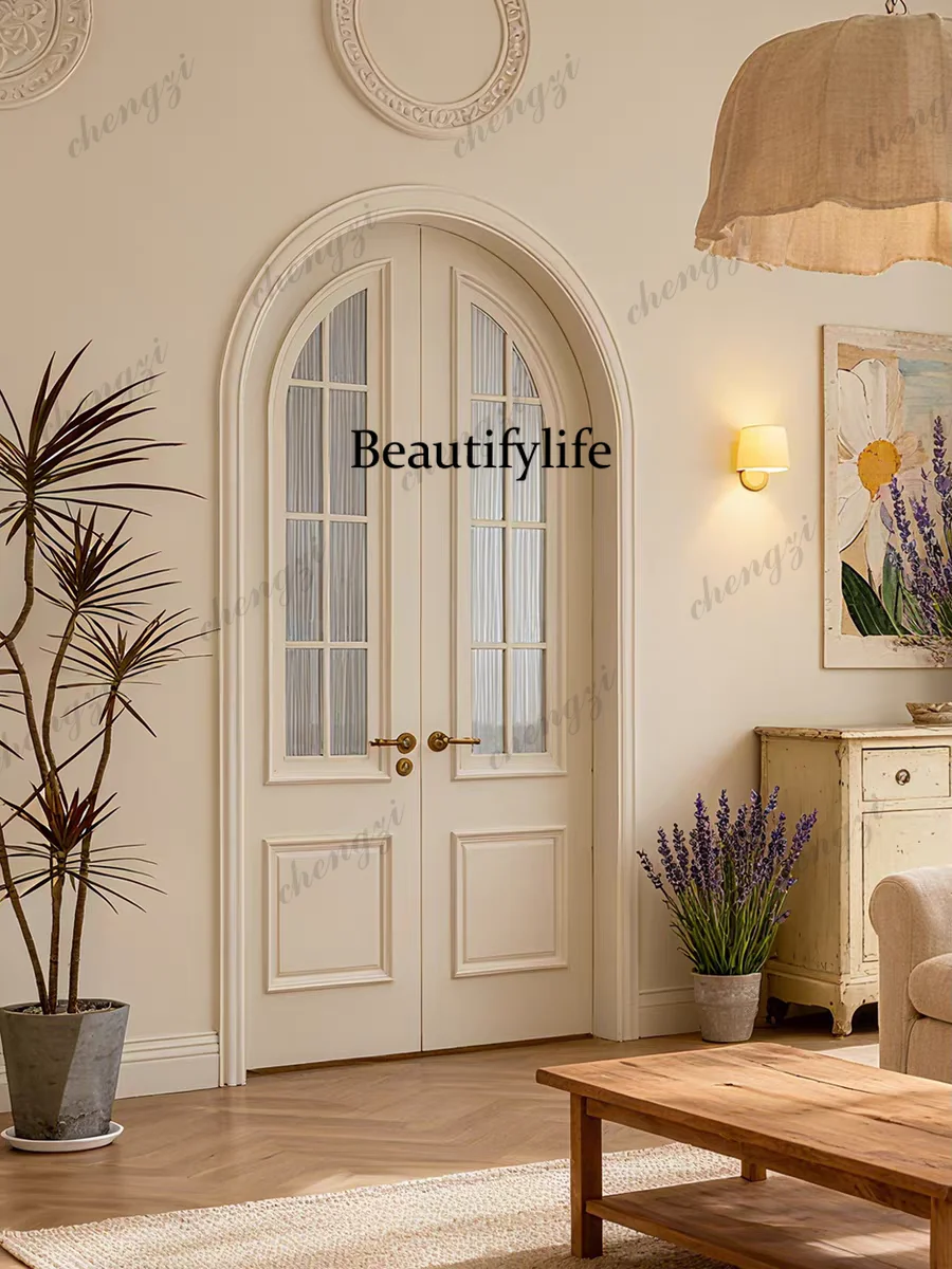 Customization Medieval Style Hinged Wooden Door Single Door Swing Door Circular Arc Deep Buckle Line Double Buckle Wire Frosted