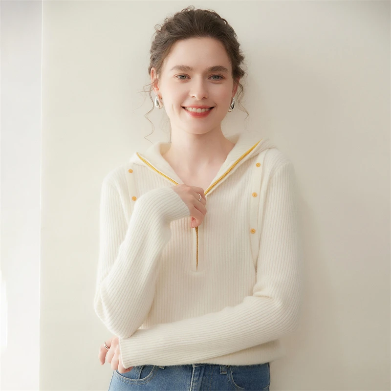 

Autumn/Winter Women's 100% Cashmere Pullover Casual Contrast Knitted Sweater Loose Half Zipper Hooded Collar Tops Thick Jumper