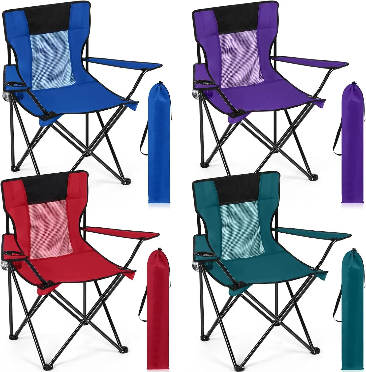 4 Pack Folding Camping Chairs with Cup Holder and Carry Bag, Portable Lawn Chairs with Side Pocket for Camping, Fishing