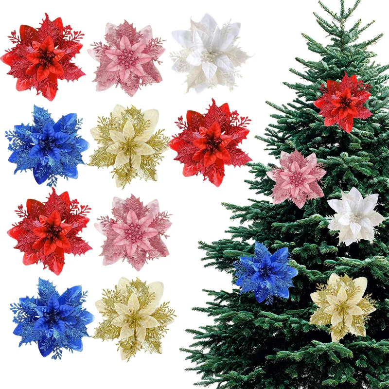 3/5 Stück glitzernde Weihnachtsblumen-Ornamente, festliche künstliche Blumen, Rot/Rosa/Gold, für Weihnachtsbaumdekoration, Neujahrsfeier