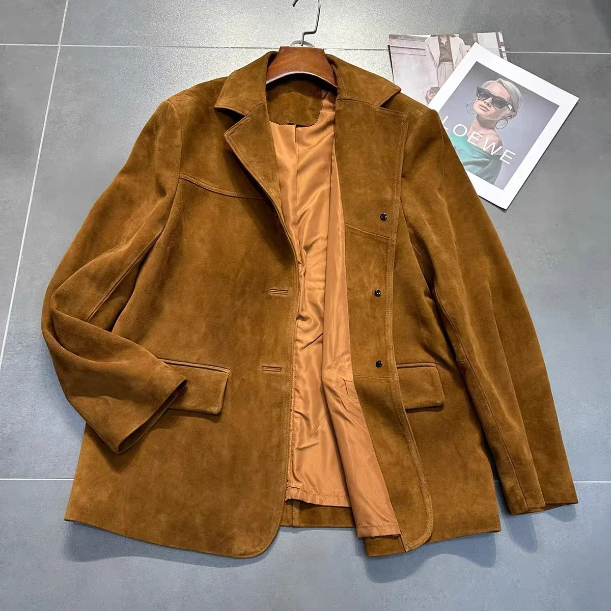 Chaqueta de ante Retro marrón para mujer, traje de cuero holgado de gran tamaño, chaqueta informal para mujer, ropa de calle, novedad de 2025