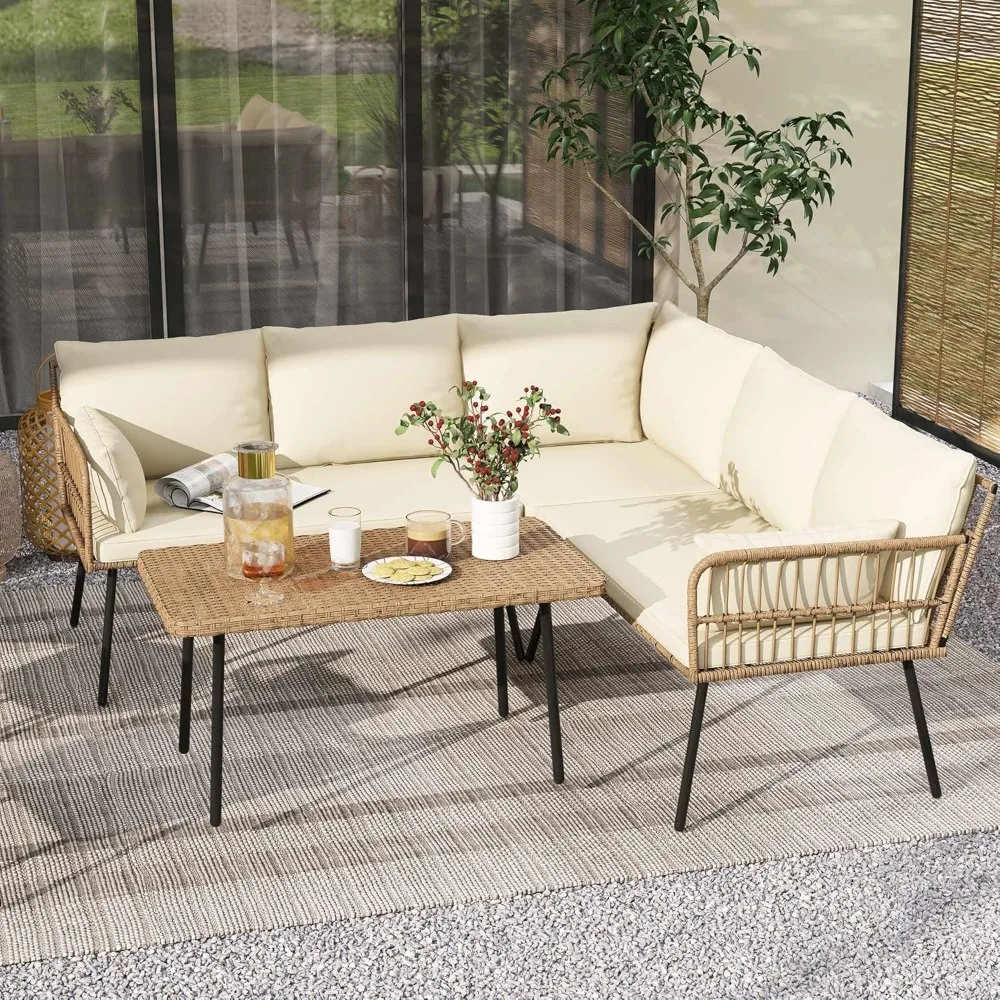 Patio Furniture Set, 4 Pieces Outdoor Patio Conversation Set, All-Weather PE Rattan Sectional L-Shaped Sofa with Soft Cushion