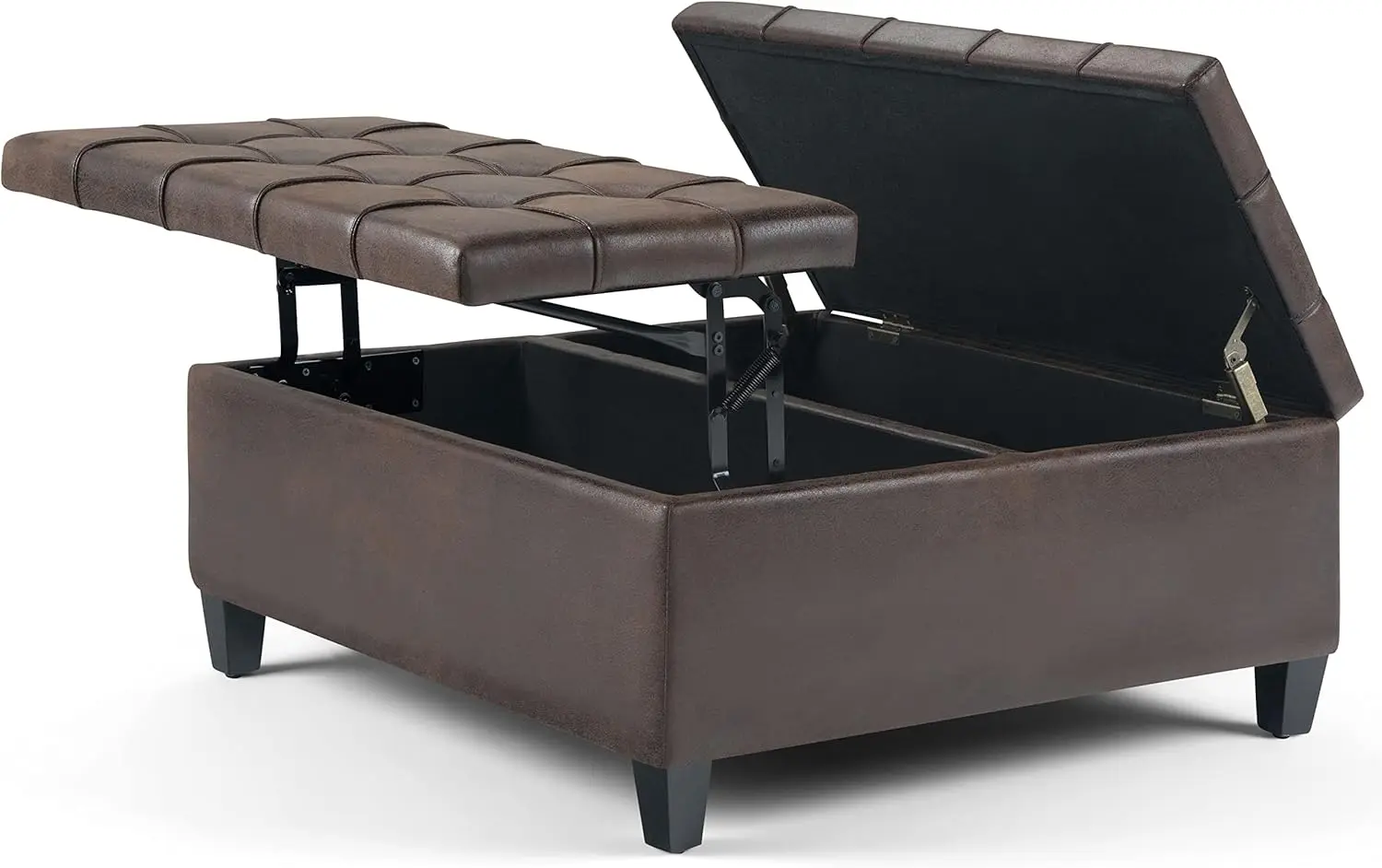 Harrison 36 Inch Wide Square Coffee Table Lift Top Storage Ottoman in Upholstered Distressed Brown Tufted Faux Leathe