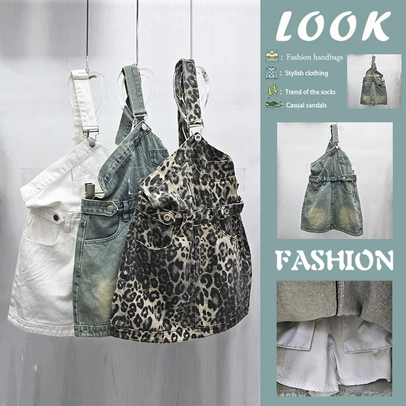 Trendy Button-Up Denim Half Skirt Women's Summer New Korean Version Small Size A-Line  Skirt Single Shoulder Strap