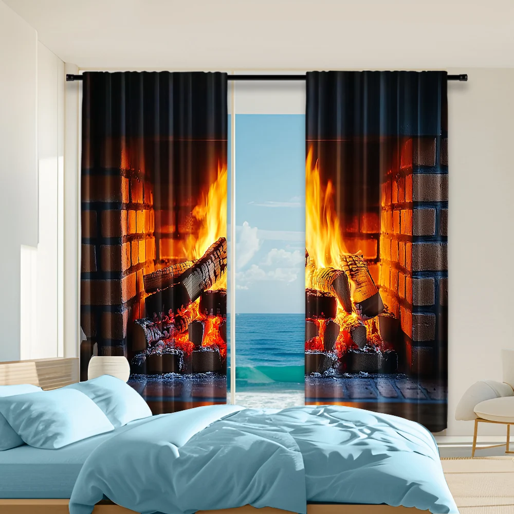 2 pcs, versatile polyester transparent curtains for home decoration Flaming Fireplace & Camping Scene for use in bedrooms and