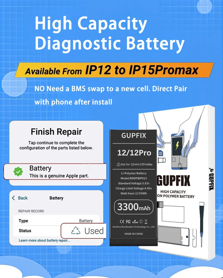 Batería de diagnóstico GUPFIX para iPhone 12 12pro 12PM 13 14Plus 15 sin ventana emergente, alta capacidad 6