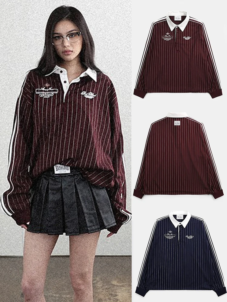 

Ретро-американская полосатая рубашка для женщин, с длинным рукавом, в университетском стиле, верхняя одежда, свободный крой, из дышащего хлопка, повседневная рубашка