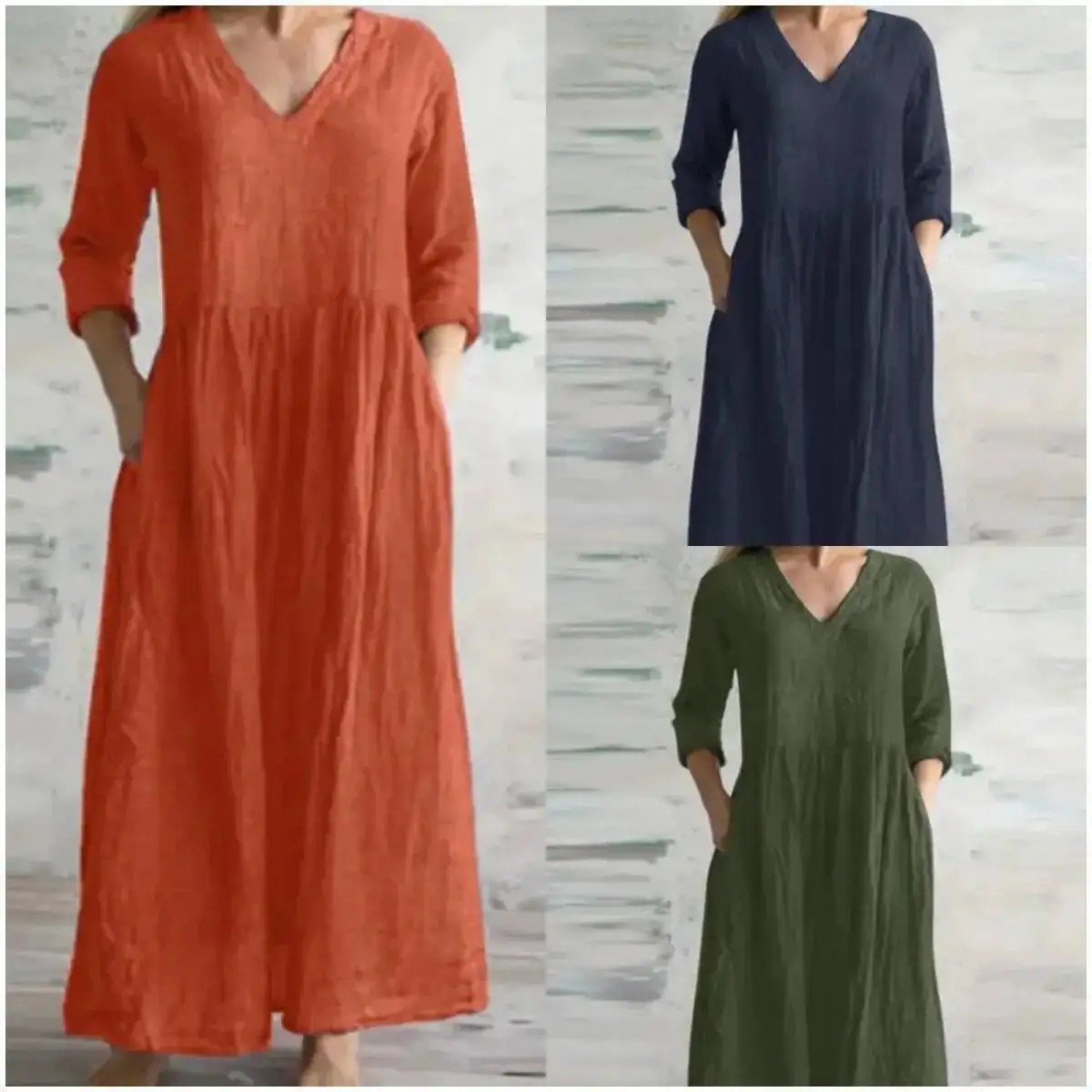 

Cotton Linen Loose Long Dresses For Women 2024 Spring Autumn New Casual Half Sleeves V-Neck Maxi Dress Simple Style Lady Vestido