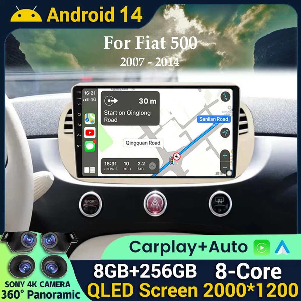 

Android 14 8+256G For Fiat 500 Car Radio Stereo GPS Navigation Mirror Connection Split Screen Multimedia Carplay Auto Player DSP