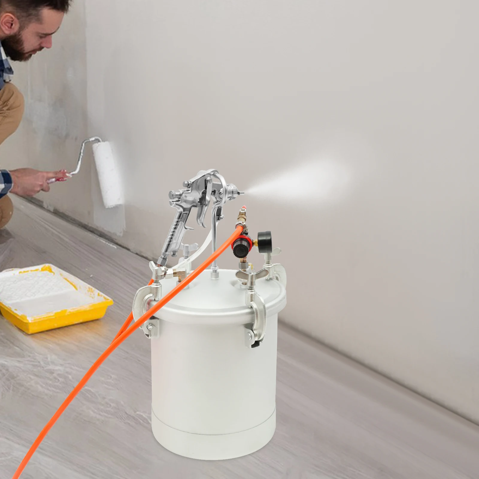 Silberne Luftdruck-Spritzpistole, 10L Druckbehälter mit 3mm Spritzpistole, für Latex Anti-Rost Auto- und Wandfarbe, Kohlenstoffstahl-Sprühgerät