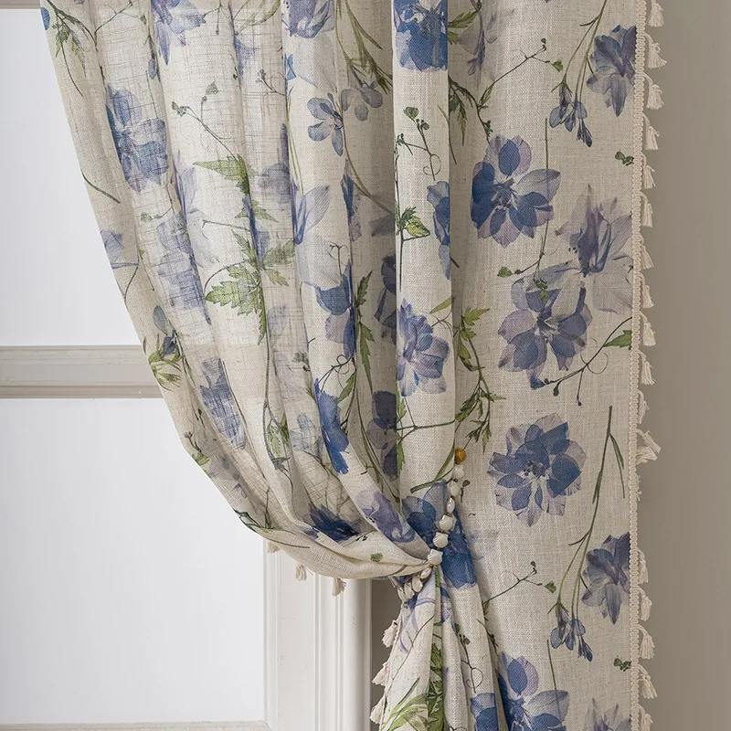 Pastoral Floral Linen Through Pole Curtain Room Decorating Interior Half-Transparent Curtains Spring Window Curtains 1PC