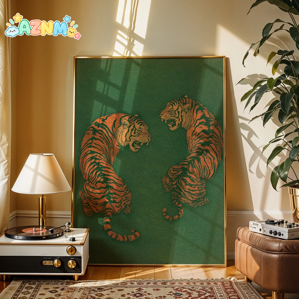 2D Flat, Tiger Fight Scene Wall - Horizontal Canvas Suitable for Bedroom & Living Room Decor, Tiger, Ink Canvas for Modern De
